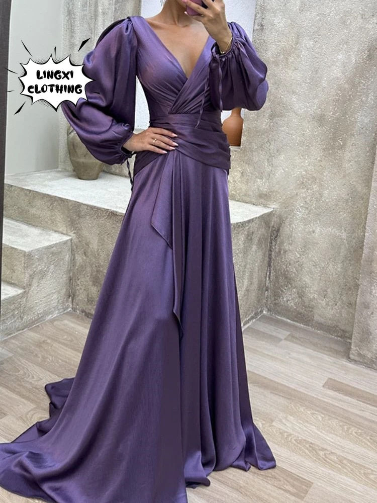 Sīktēls: 2023 New Elegant Women's Banquet Dress Solid Color Long Wrap Chest Long Sleeve