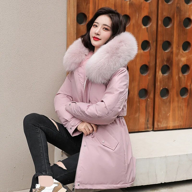 Thumbnail: Women Parka Fashion  2023 Winter Jacket Slim with Fur Collar Warm Snow Wear Pad