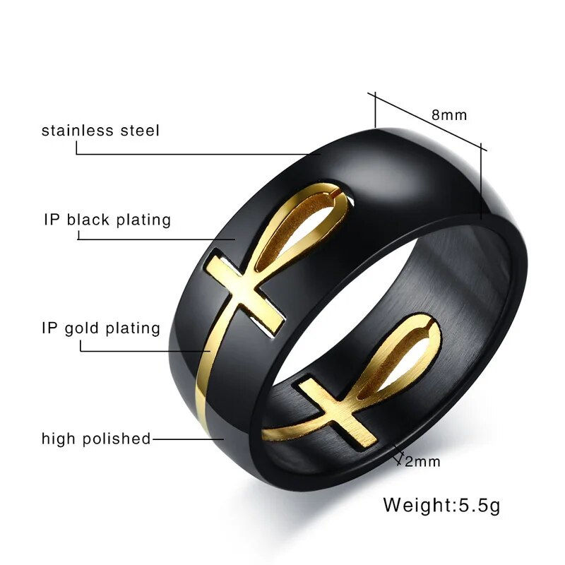 Thumbnail: Vnox Men's Two Tones Removable Ankh Egyptian Cross Ring Stainless Steel Detacha