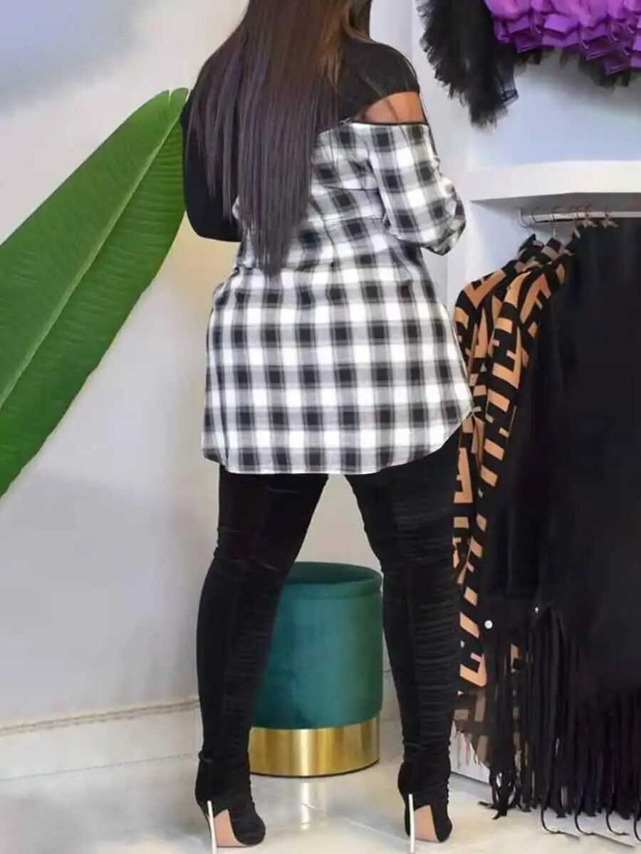 Thumbnail: LW Plus Size Plaid Print Hollow-out Dress Women Summer Long Sleeve Casual Asymm