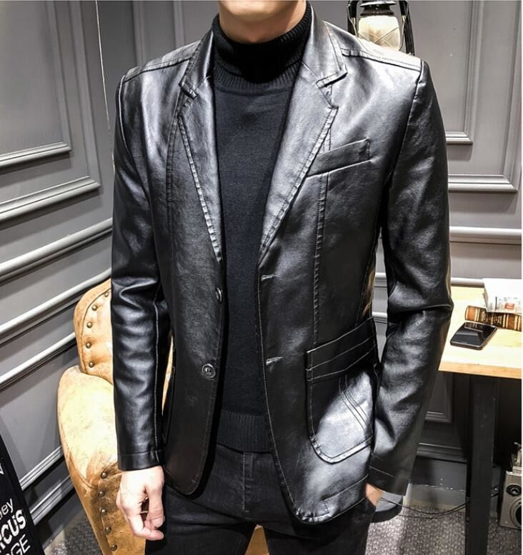 Thumbnail: Men Leather Suits Jackets Blazers Jackets Coats New Fashion Male Slim Fit PU Le