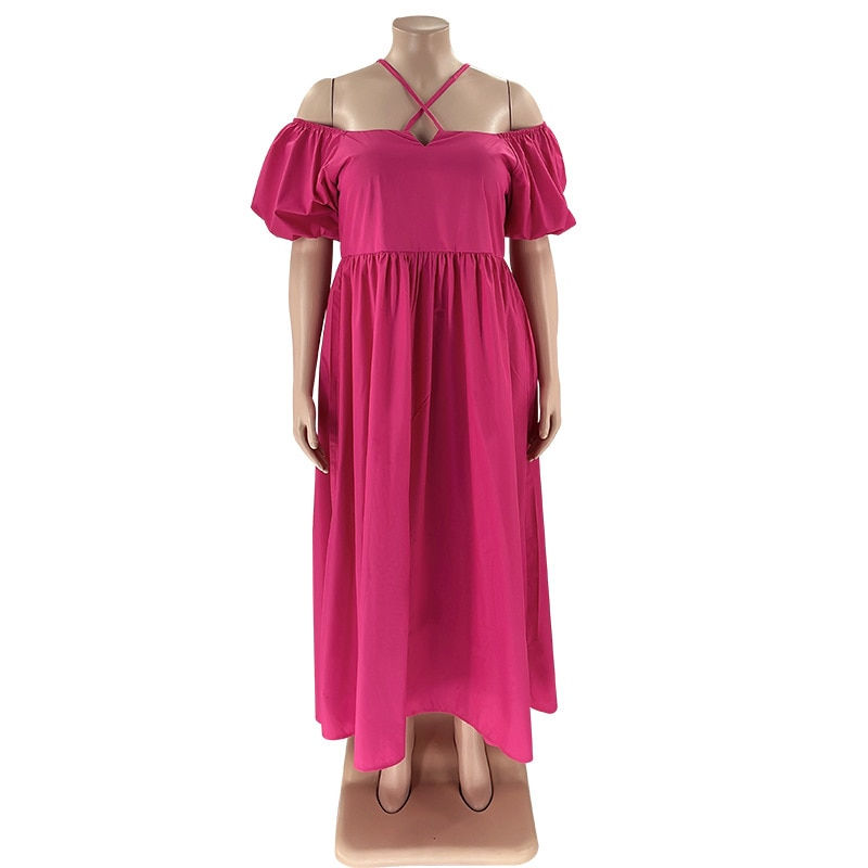 Miniaturebillede: Perl Plus Size Cross Halter Cold Shoulder A-line Dress High Waist Women Clothin
