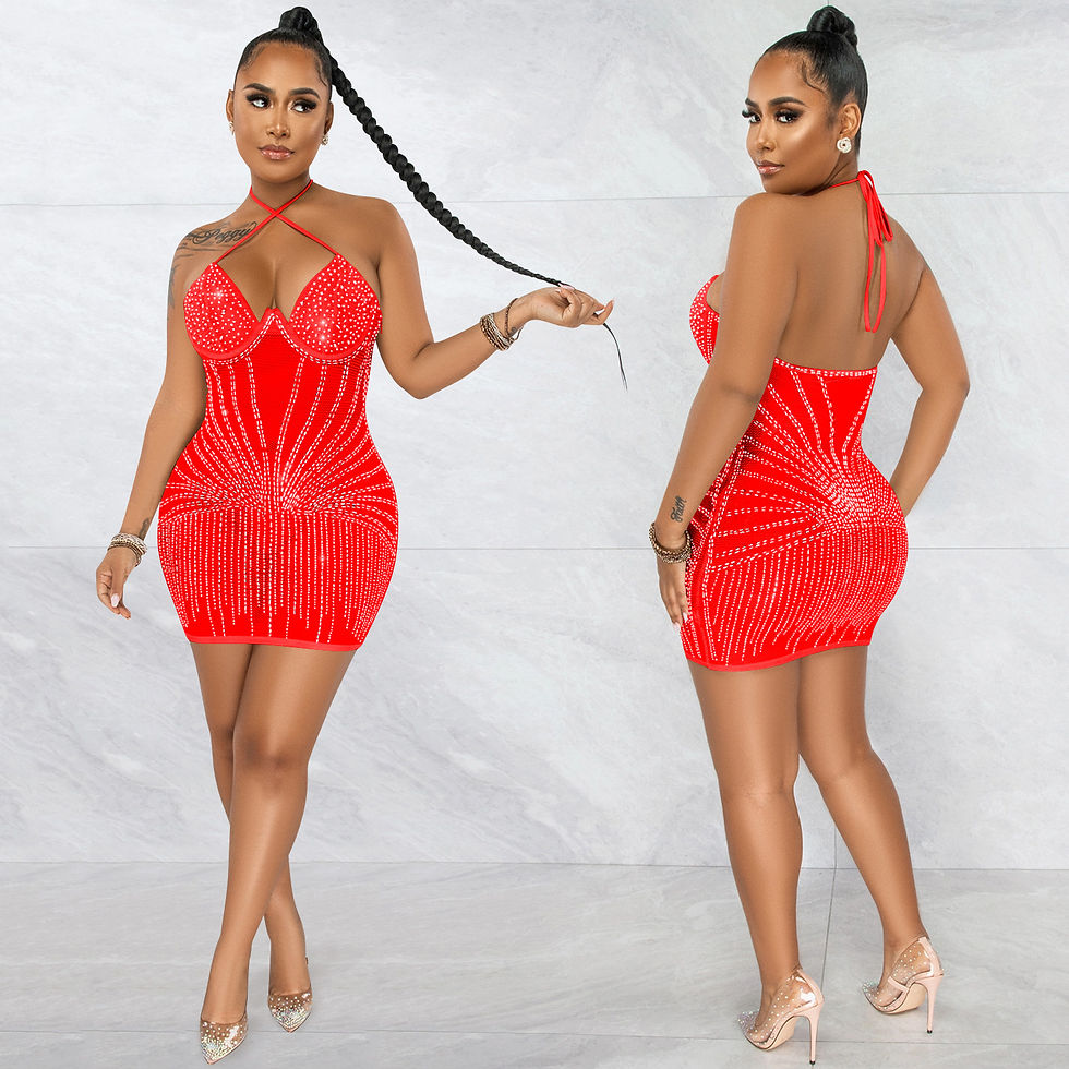 Miniatura: Sling Wrapped Chest Rhinestone Mesh Perspective Skirt Dress