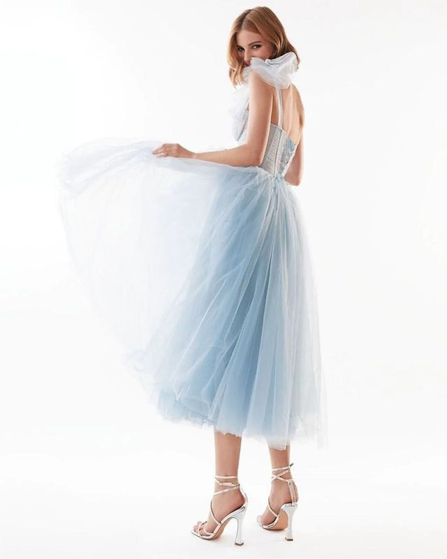 Light Blue Bridesmaid Dress for Women Mesh One-Shoulder Wedding Party Ball Prom