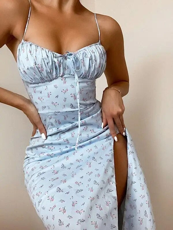 Thumbnail: Hugcitar 2023 Sleeveless Satin Slip Floral Ruched Bandage Cut Out Maxi Dress Su