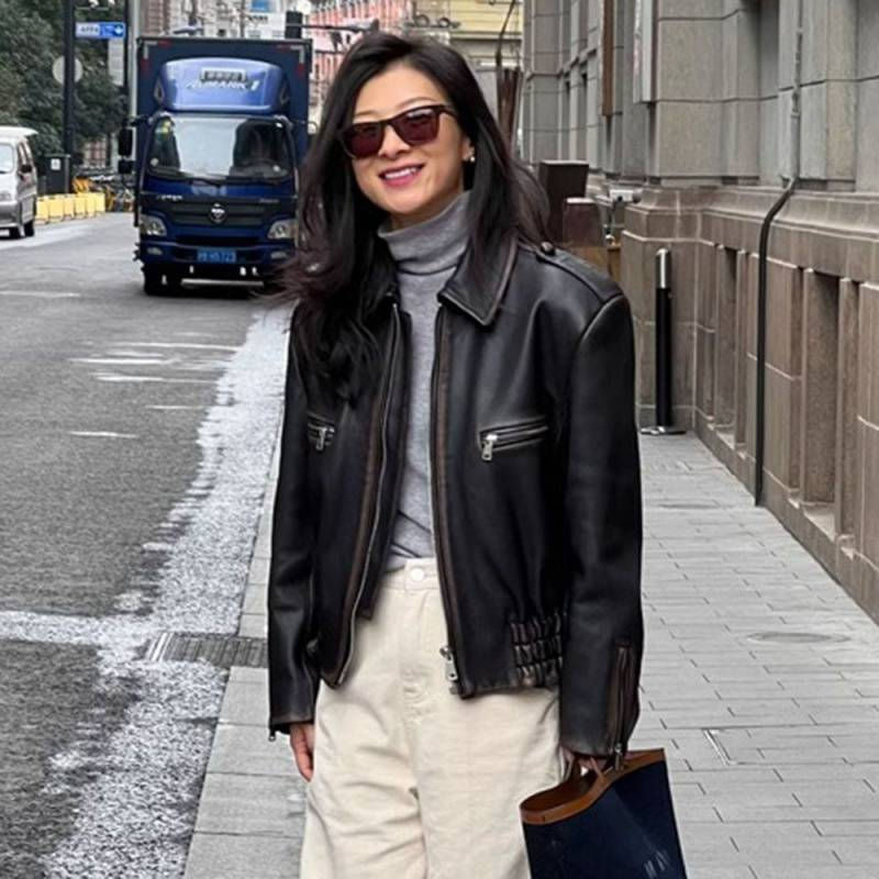 Thumbnail: Women's Sheepskin Coat Retro Biker's Leather Coat
