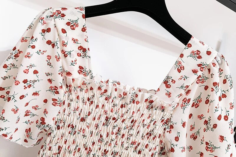 Thumbnail: Spring Summer Chiffon Women Dresses Female Short Sleeve Elastic Waist Printed F