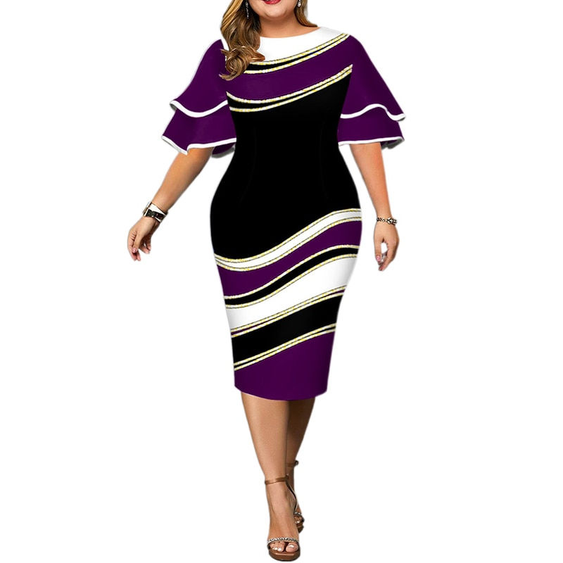 Thumbnail: Women Dress Plus Size 2021 Elegant Striped Layerd Bell Sleeve Color Block Dress
