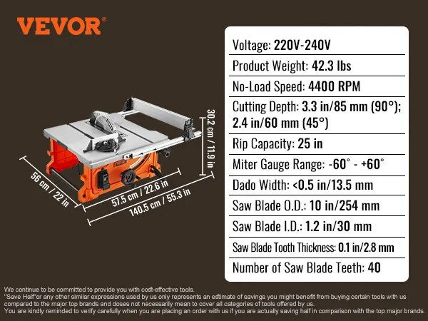 Thumbnail: VEVOR 254mm 10inch Table Saw Electric Woodworking Cutting Machine with Dust Por