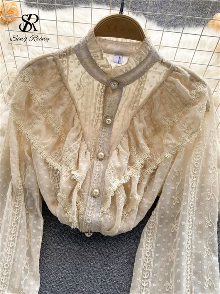 Miniaturebillede: SINGREINY Elegant French Blouse Women Temperament Sweet Ruffles Loose Casual To