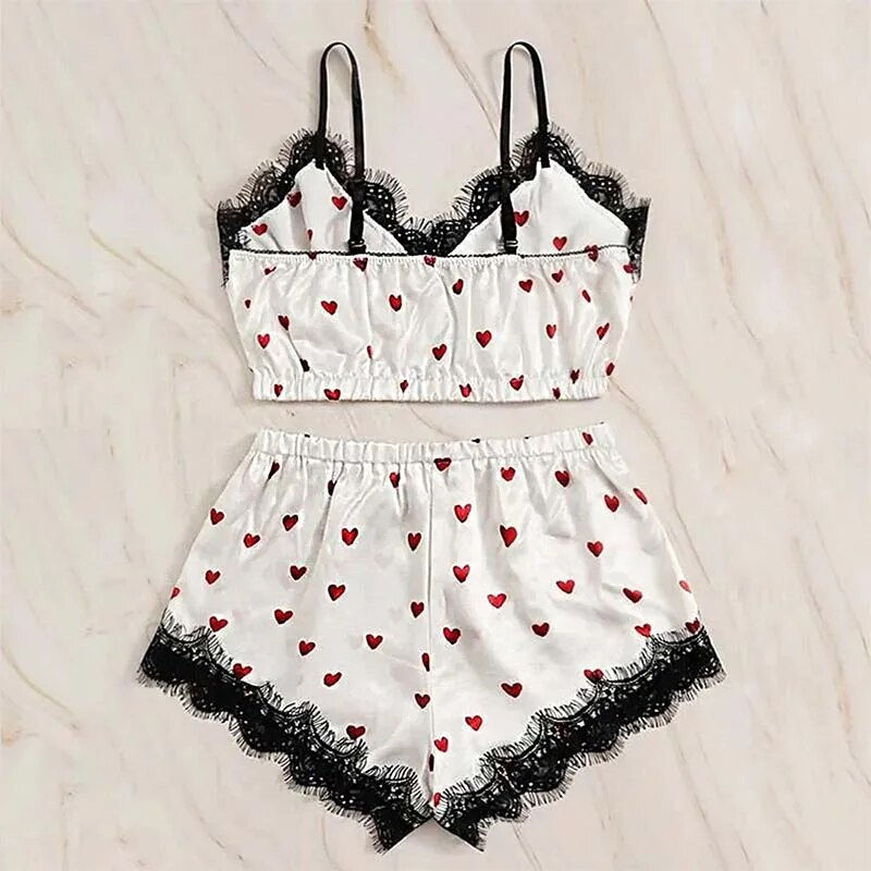 Thumbnail: 2PCS Women Pajama Suit Fashion V-Neck Stretch Satin Lace Cute Lingerie Bowknot