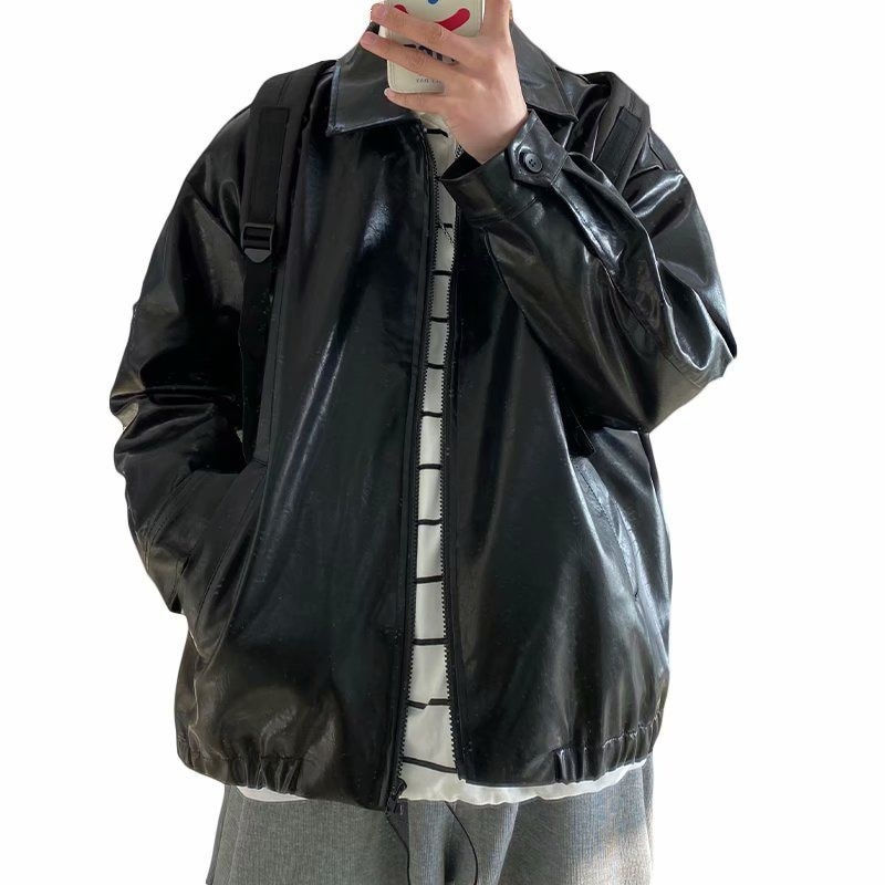 Thumbnail: Pu Leather Jacket Men Brown Retro Motorcycle Jacket Autumn Korean Fashion Fried