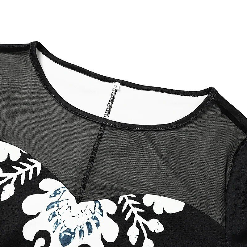 Miniature : Women'S Elegant Plus Size Dress Print Crew Neck Ruched 3/4 Length Flare Sleeve