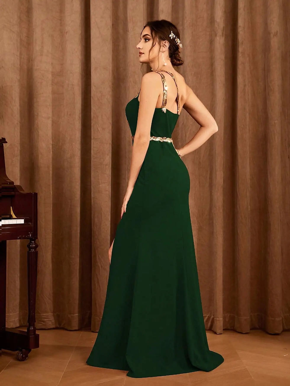 Miniatura: Sequin ribbon slit backless elegant evening gown Ball dress Party dress Bridesm