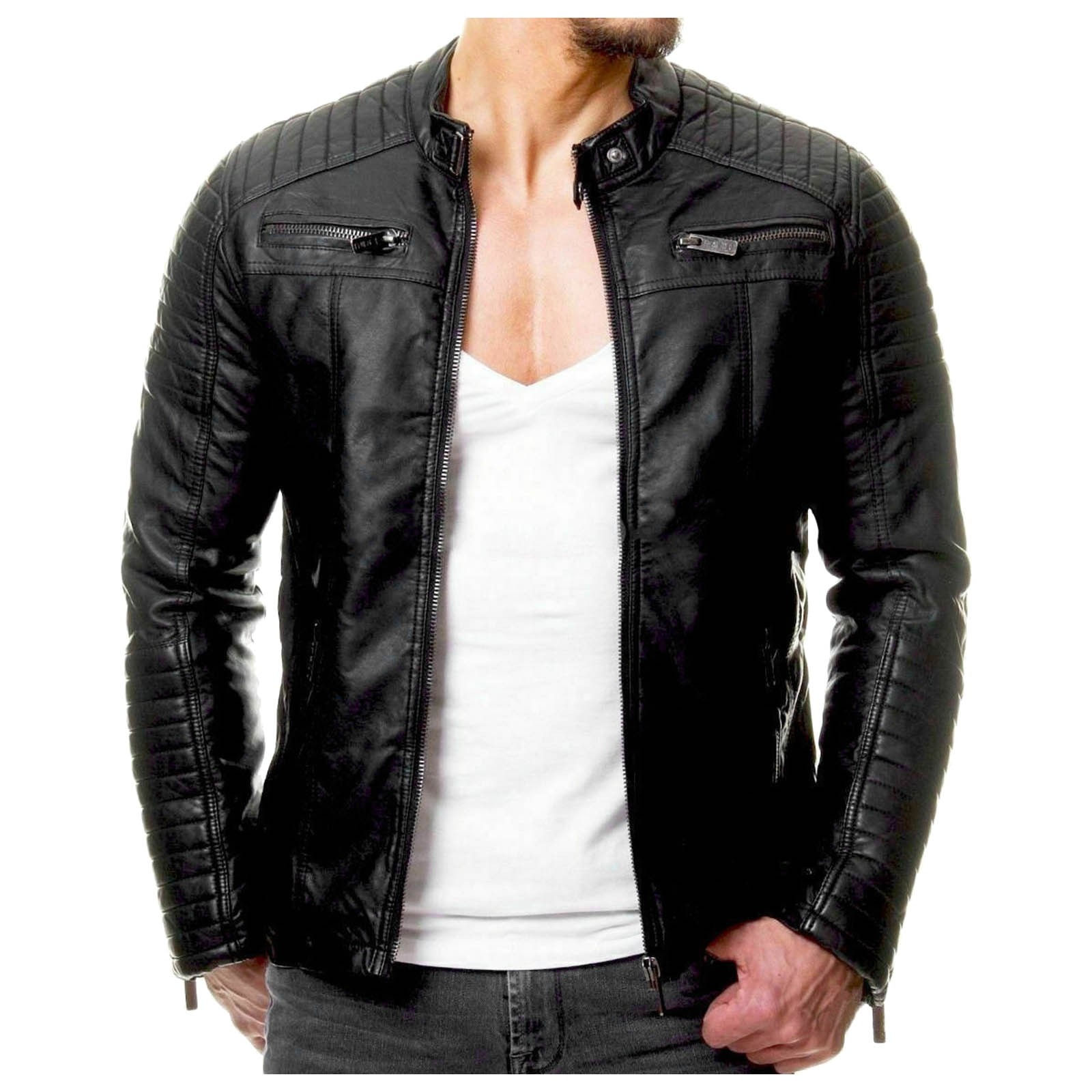 Mens Fashion Stand Collar Leather Jackets Man Casual Windproof Slim Fit PU Jack