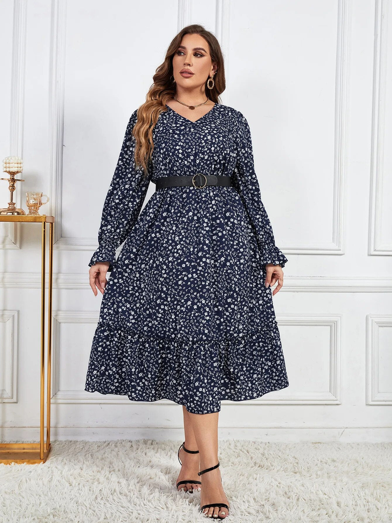 Plus Size Women Dresses Long Sleeves V Neck Robe Floral Print Waist Drawstring