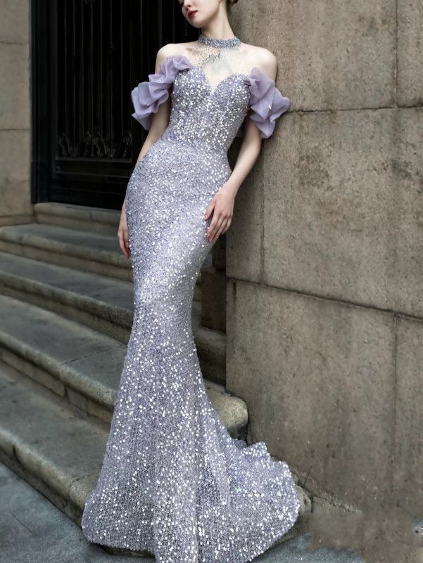Thumbnail: Purple Host Starry Sky Annual Meeting Beaded Toast Dress Halter Model Catwalk F