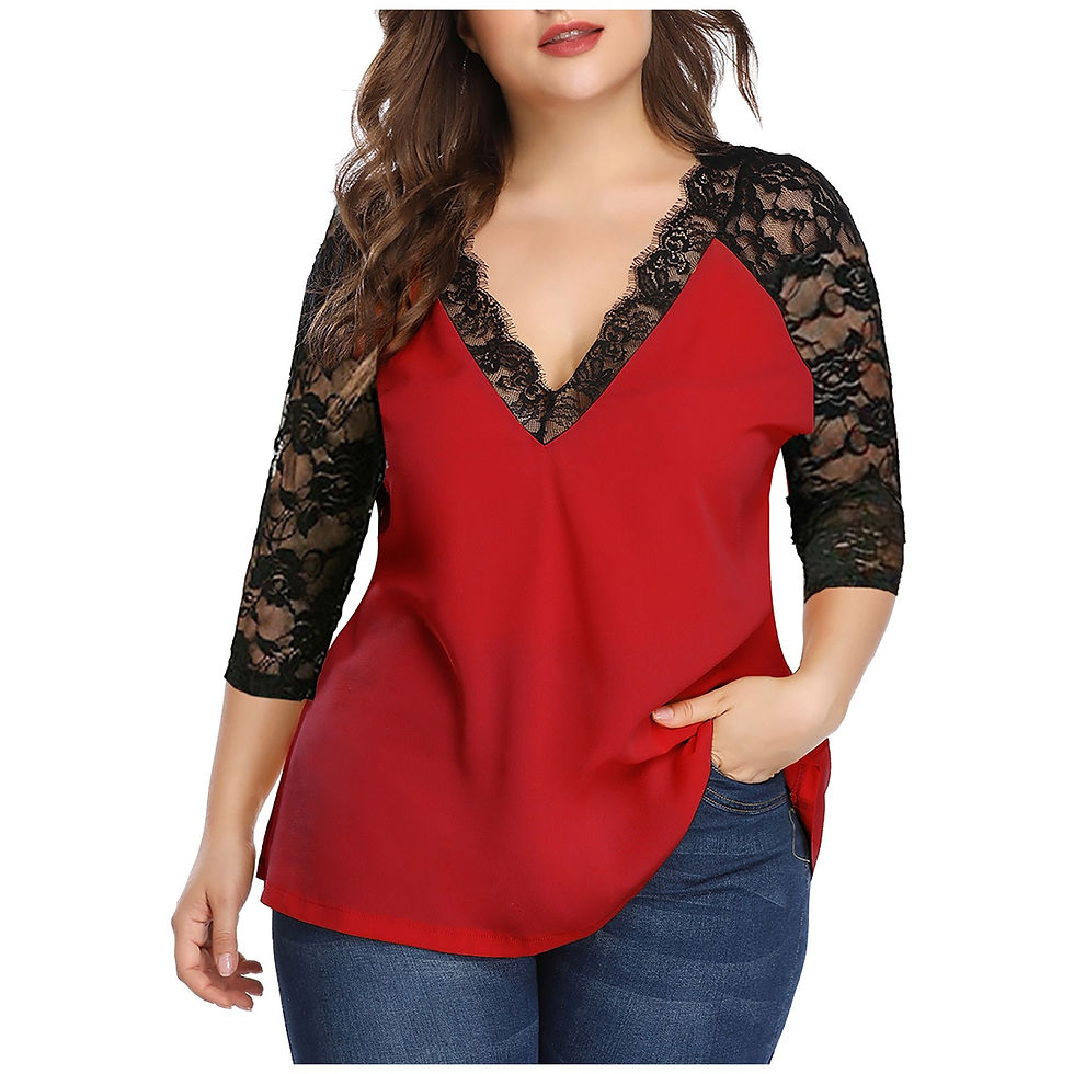 Thumbnail: Plus Size Lace Blouse Women Summer Autumn Casual Long Sleeve V-Neck Lace Patchw