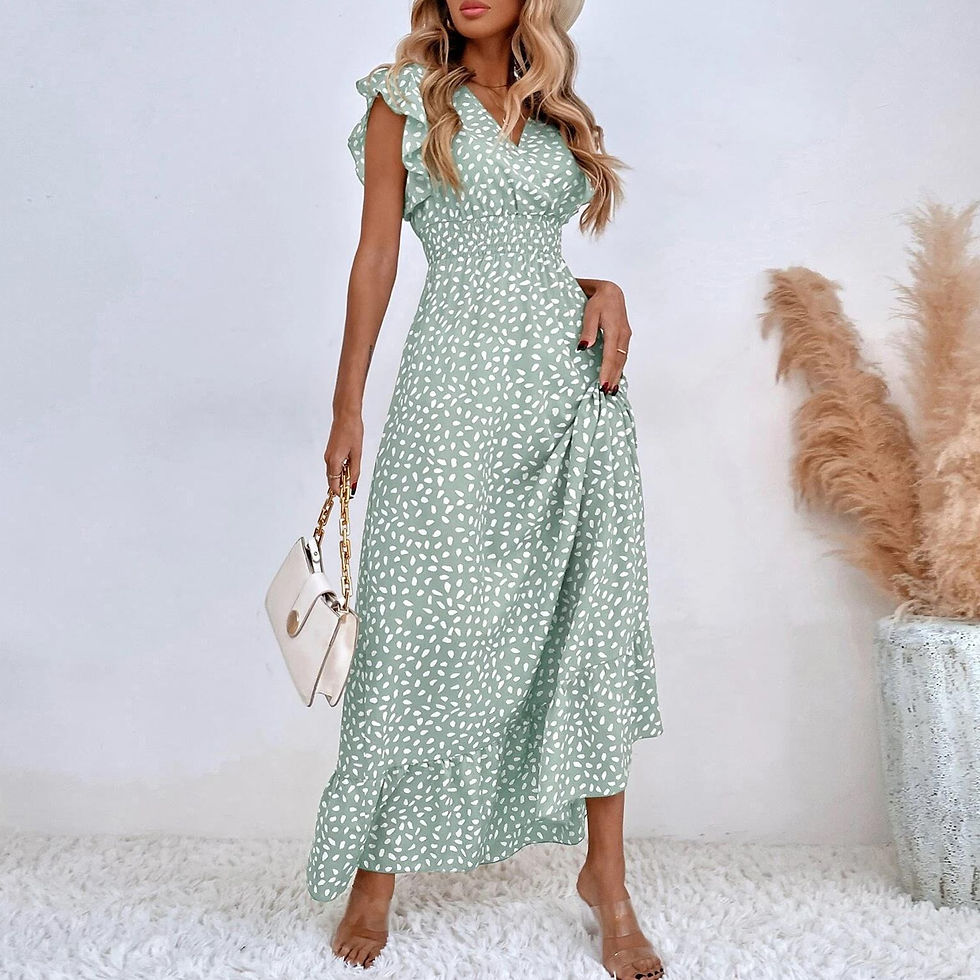 Miniatura: Women Ruffle Maxi Dress Bohemian Style Dot Printed Waisted Cute Dress V Neck Sh