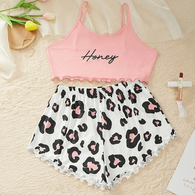 Thumbnail: Women Sleepwear Cute Cartoon Print Short Set Pajamas Summer Sweet Sleeveless Py