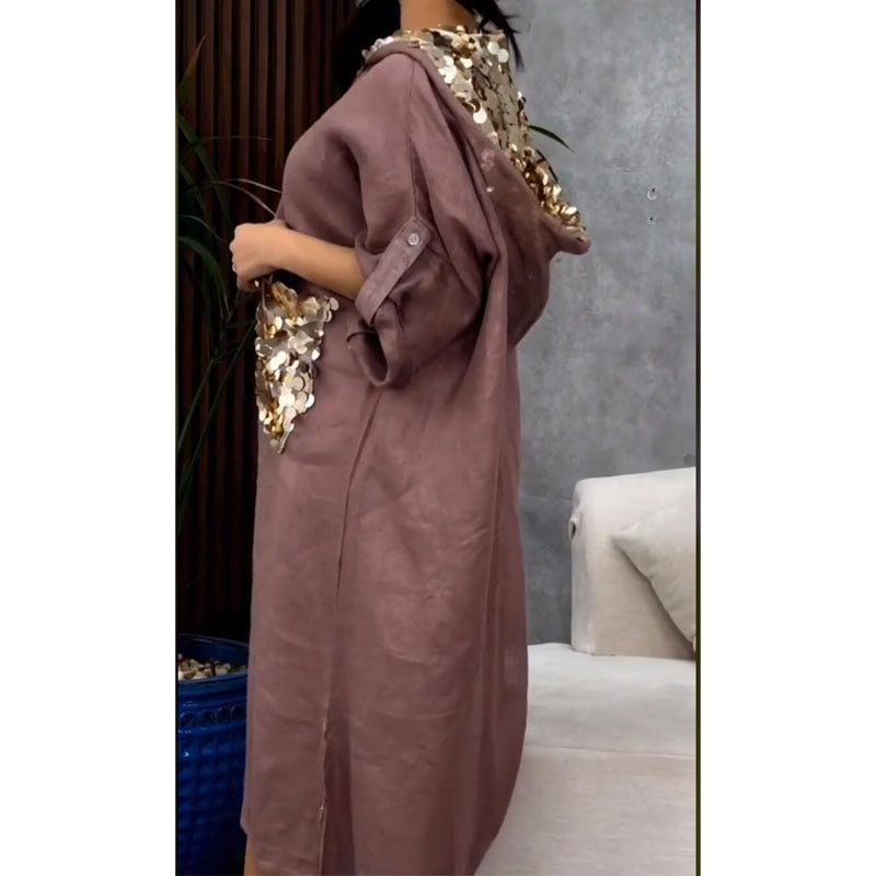 Thumbnail: New Saudi style loose large size women's dress sequin cotton linen fish scale s