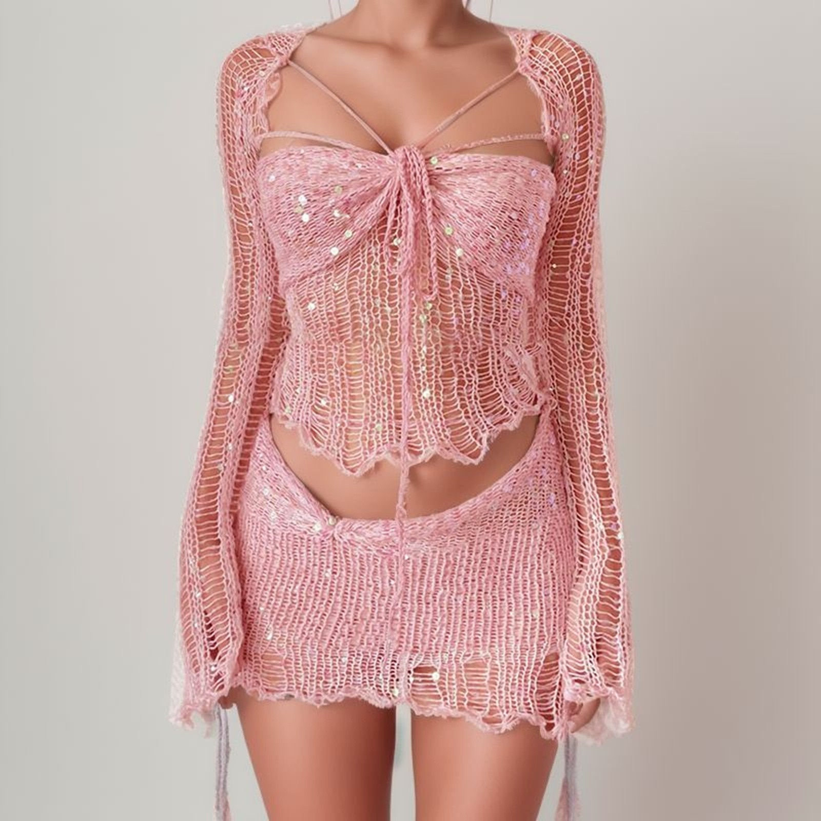 Sexy Sequined Knitted Sweater Tops And Skirt Two Piece Set For Women Outfits Lo