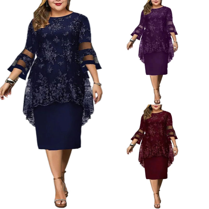 Thumbnail: Womens Plus Size Curve Party Dress Lace Floral Crew Neck Print 3/4 Length Flare