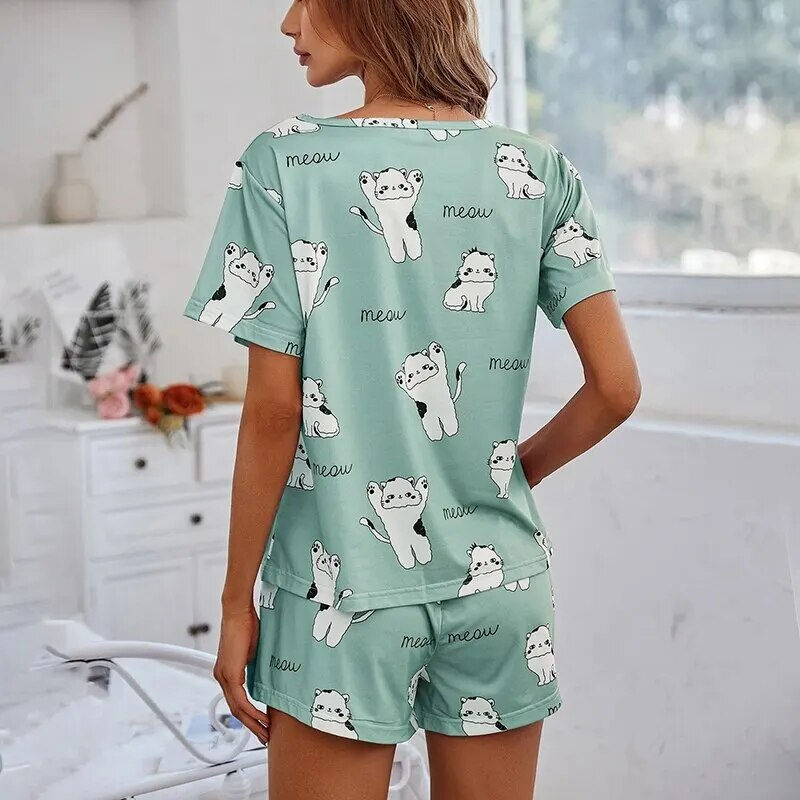 Miniatura: Women Pajamas Sets Short Sleeve Nightwear Top and Pants Sleepwear 3 Piece Pjs L