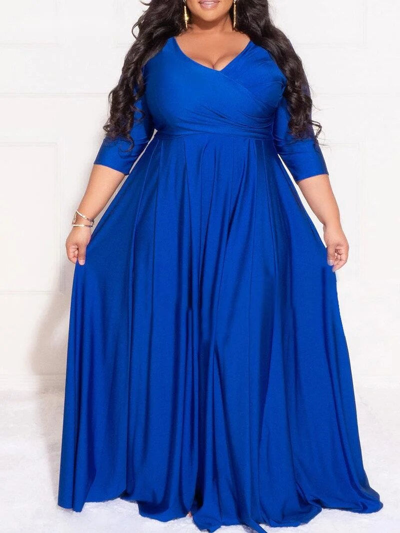 Thumbnail: Plus Size Women Evening Dresses Classic Curve Wrap V-neck Big Swing Maxi Vestid