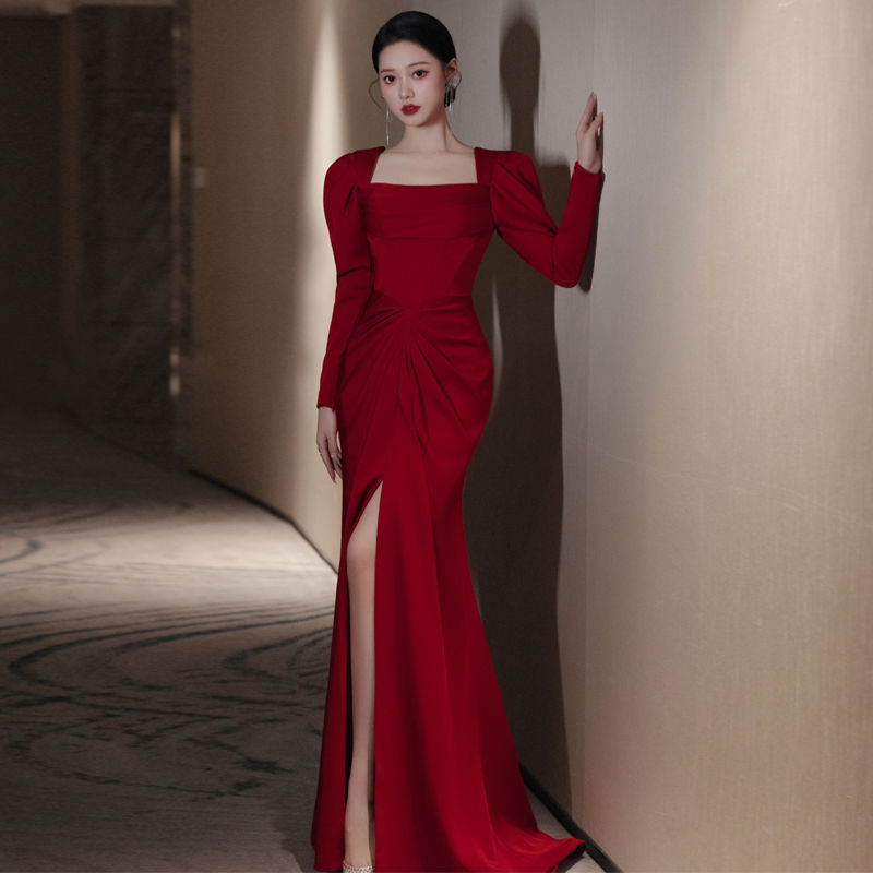 Thumbnail: Bride Fishtail Square Collar Long Sleeve Design Simple Satin Evening Dress