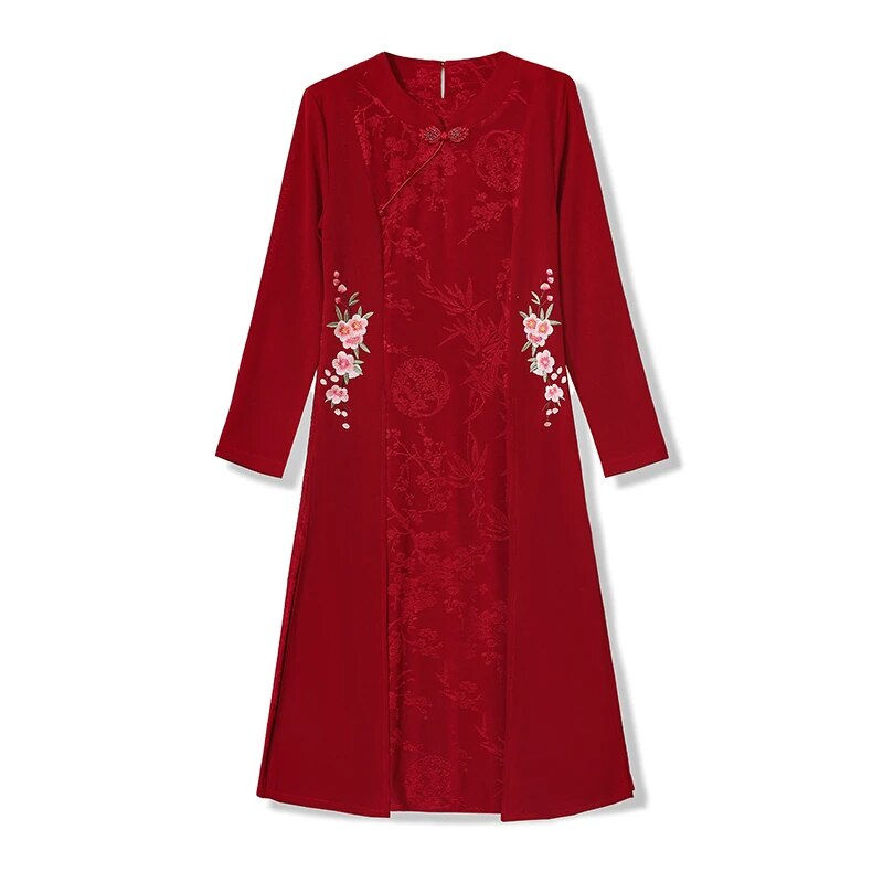 Thumbnail: Mothe Fake two pieces autumn Dresses Long Sleeve embroidery Women Party Vestido
