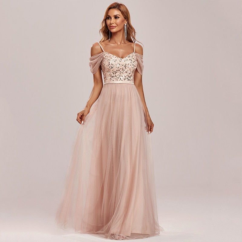 Ever-Pretty Cold Shoulder Sequin Bodice Long Tulle Bridesmaid Dress