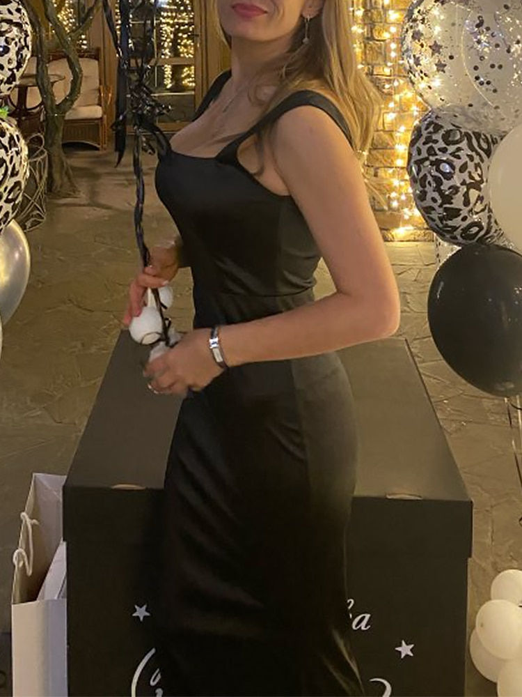 Thumbnail: Romagic Square Neck Sleeveless Satin Evening Dress Backless Floor Length Mermai