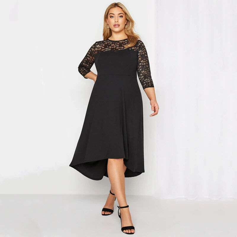 Plus Size 3/4 Lace Sleeve Spring Autumn Elegant Party Dress Women Black Flt Fla