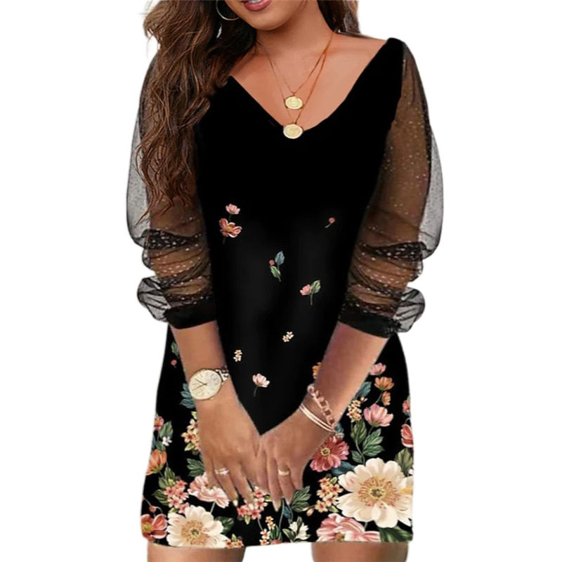 Thumbnail: Women Plus Size Floral Print Casual Dress V Neck Perspective Mesh Long Sleeve D