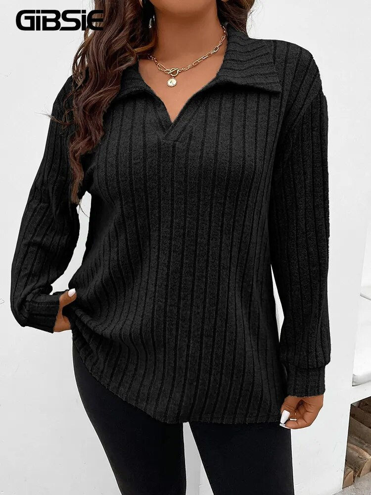 Thumbnail: GIBSIE Plus Size Tshirt for Women Spring Fall Polo Collar Long Sleeve T-Shirt F