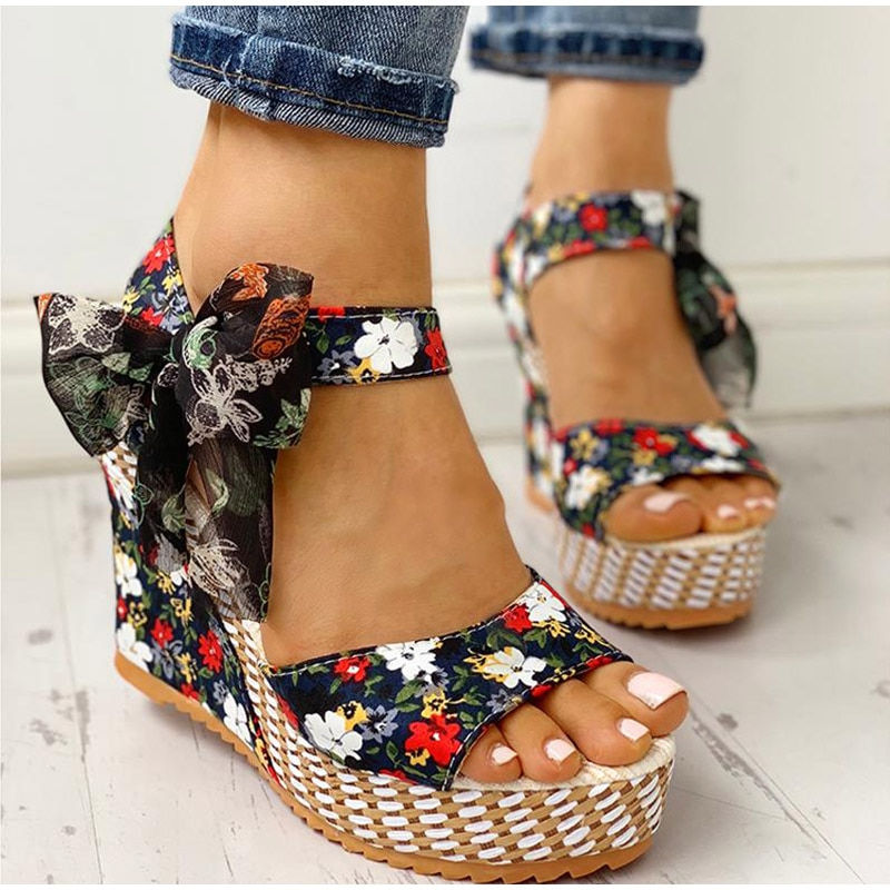 Ladies Summer Beach Boho Floral Wedge Sandals Women Ankle Strap Platform Gladia
