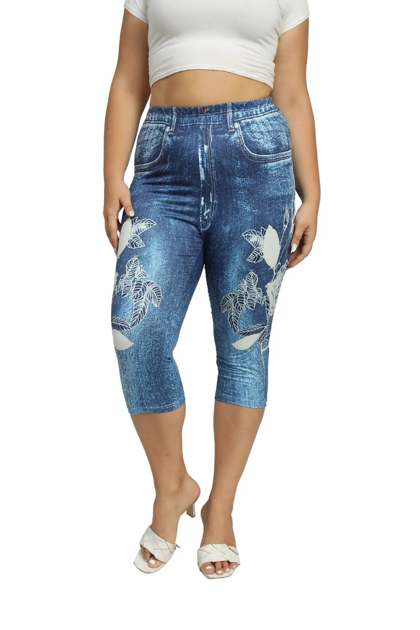 Plus Size Faux Denim Printed Basics Pants Women Clothing 2023 High Waist Large