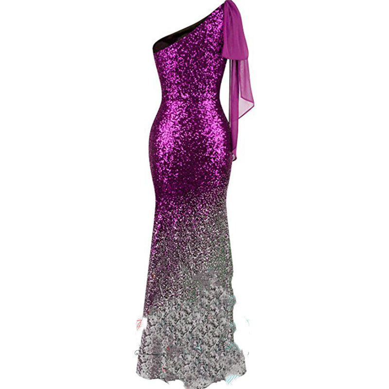 Thumbnail: One Shoulder Fishtail Sequin Slim Fit Evening Dress