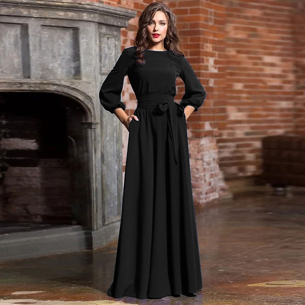 Thumbnail: Women Party Dress Lantern Long Sleeve Solid Maxi Dresses With Belt Vintage