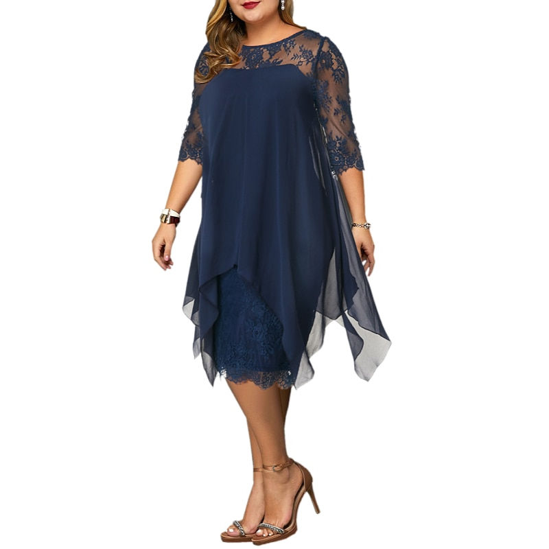 Thumbnail: Women Plus Size Dress O-neck Midi Dress 5XL Lady Evening Lace Mesh Sexy Elegant