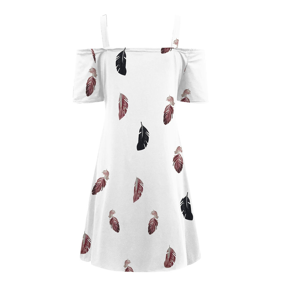 थंबनेल: Feather Printed Short Sleeve Women Dress V-Neck Strap Open Back Zipper Dress Fo