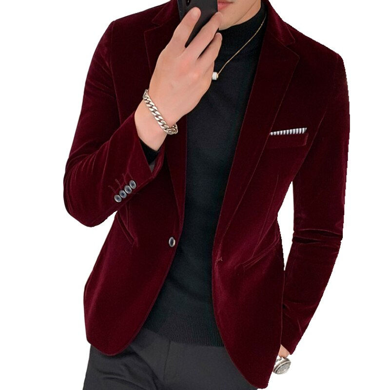 Miniaturebillede: Burgundy Velvet Blazer Men 2022 Fashion Casual Blazer Men Wedding Groom