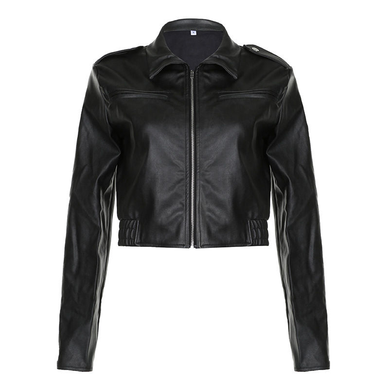 Minijatura: Women's Retro Hong Kong Style Lapel Long-sleeved Leather Jacket
