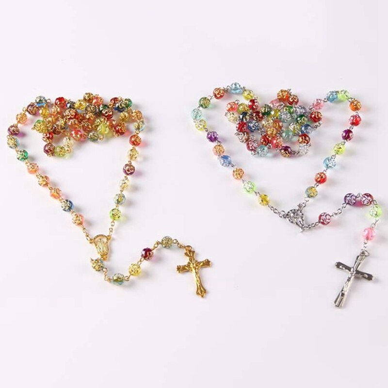 Thumbnail: Colorful Acrylic Rose Flower Beads Religious Cross Necklace Catholic Rosary