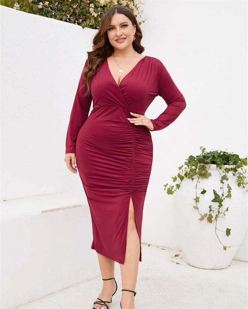 Thumbnail: 4XL 5XL Long Sleeve Solid Color V-neck Wrap Hip Skirt Slit Europe Cute Slimming