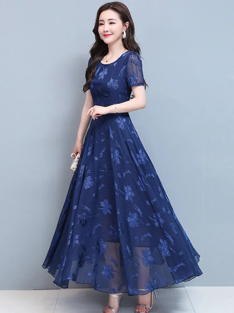 Miniatyrbilde: Vintage Blue Clothes For Women 2023 Maxi Dress Chiffon Floral Party Elegant Boh