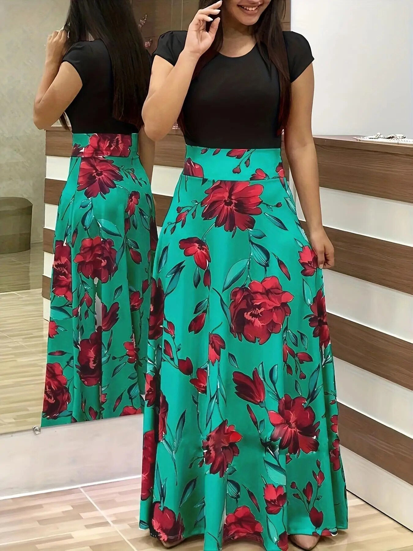 2023 European and American style flower print color matching short sleeved dres