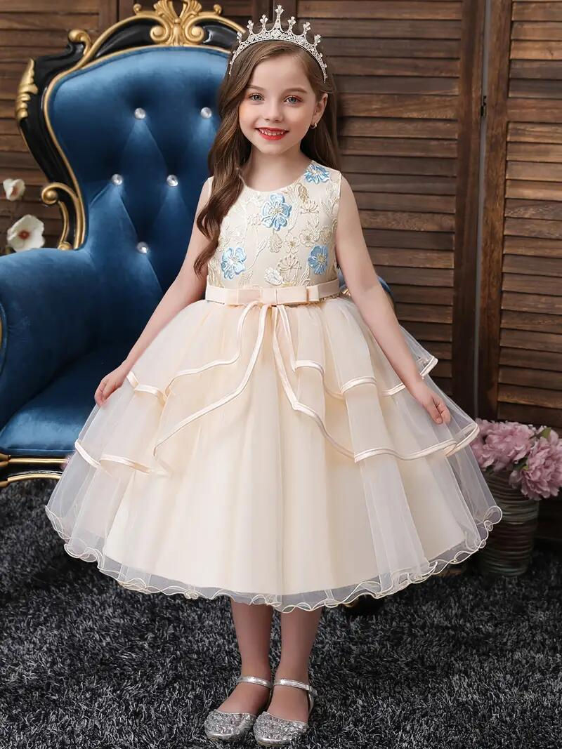 Thumbnail: Girls Princess Dress Sleeveless Flower Embroidery Tutu Dress Performance Dress