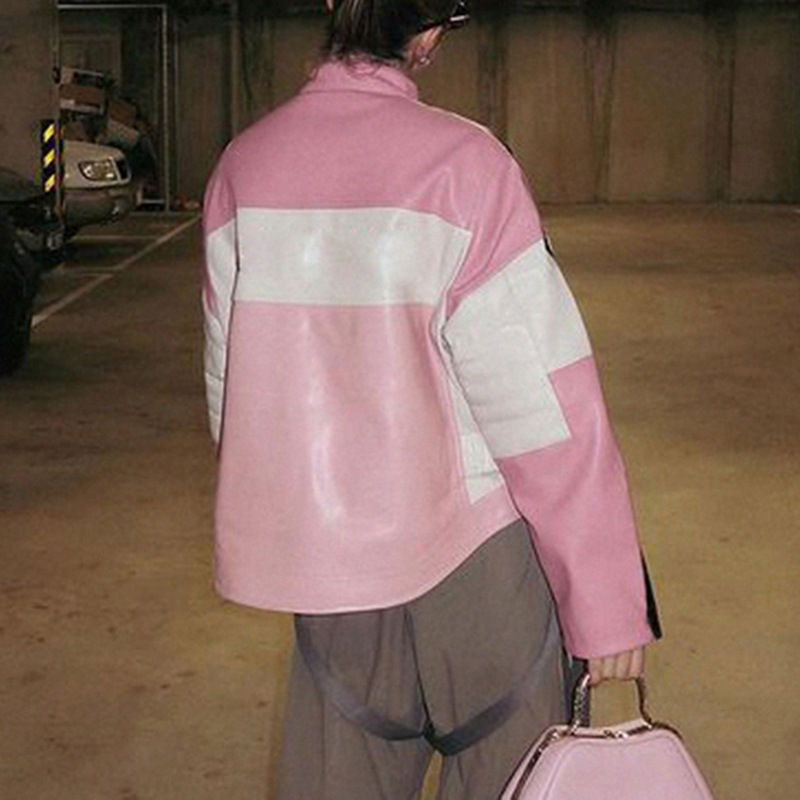 Thumbnail: Girl's Motorcycle Style Contrast Color Leather Coat